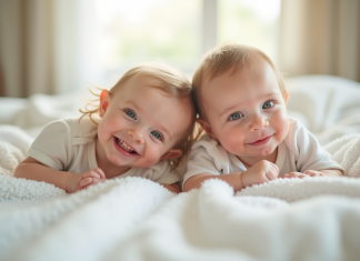 Bébé fille et garçon souriants allongés sur une couverture blanche