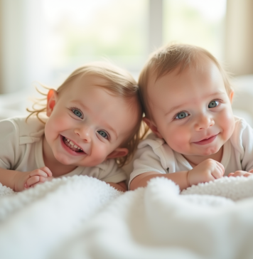 Bébé fille et garçon souriants allongés sur une couverture blanche