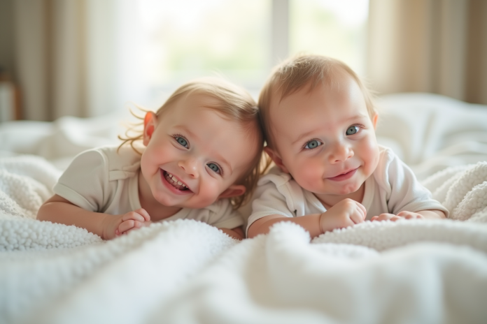 garcons-bebes-souriants-dans-lit Bébé fille et garçon souriants allongés sur une couverture blanche