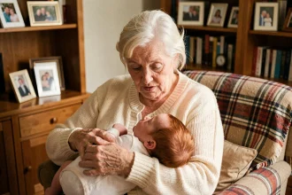 Grand-mère tenant dans ses bras un nouveau-né roux avec une expression de surprise émue dans un salon familial chaleureux