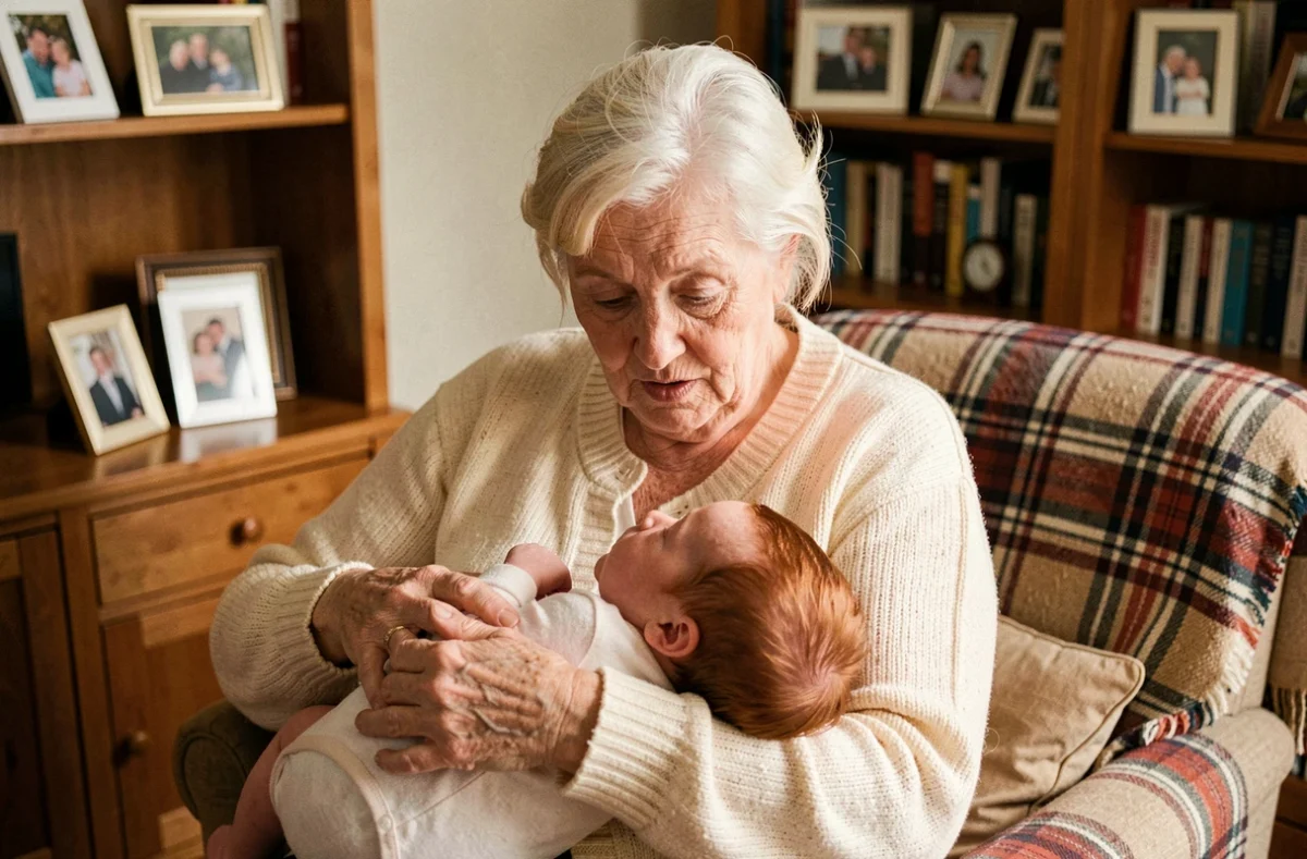 Grand-mère tenant dans ses bras un nouveau-né roux avec une expression de surprise émue dans un salon familial chaleureux