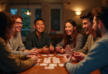 Groupe d'amis jouant au Président dans un salon chaleureux