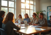 Groupe d'adultes en apprentissage en classe lumineuse