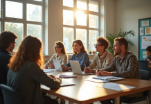 Groupe d'adultes en apprentissage en classe lumineuse