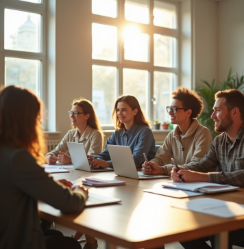 Groupe d'adultes en apprentissage en classe lumineuse