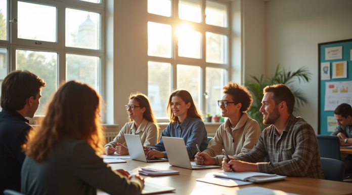 Groupe d'adultes en apprentissage en classe lumineuse