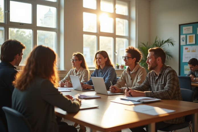 groupe-apprenants-salle-classe Groupe d'adultes en apprentissage en classe lumineuse