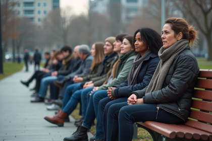 Groupe divers d'adultes assis sur un banc dans un parc urbain