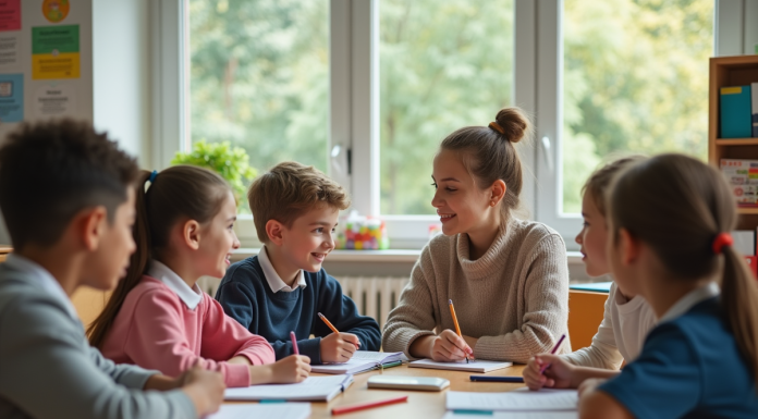 Enfants d'école primaire en classe avec professeur