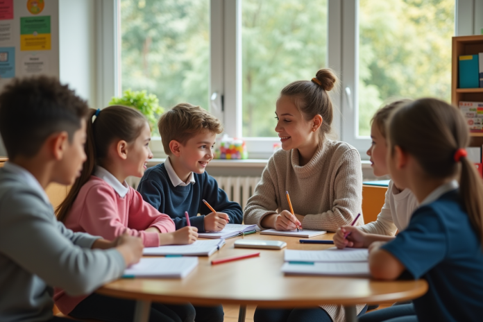 groupe-enfants-classe Enfants d'école primaire en classe avec professeur