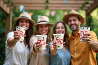 Groupe d'adultes tenant des gobelets personnalisés lors d'une fête d'anniversaire en jardin