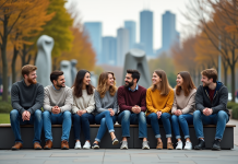 Groupe diversifié dans un parc urbain moderne en discussion