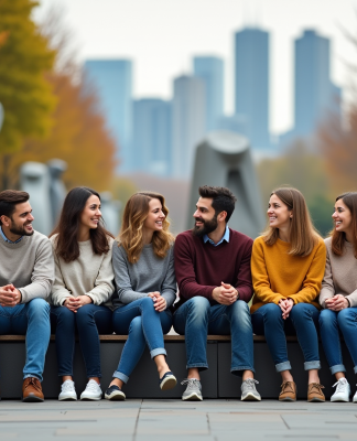 Groupe diversifié dans un parc urbain moderne en discussion