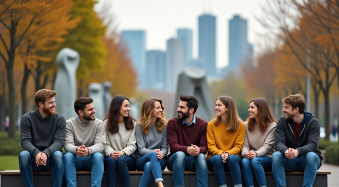 Groupe diversifié dans un parc urbain moderne en discussion