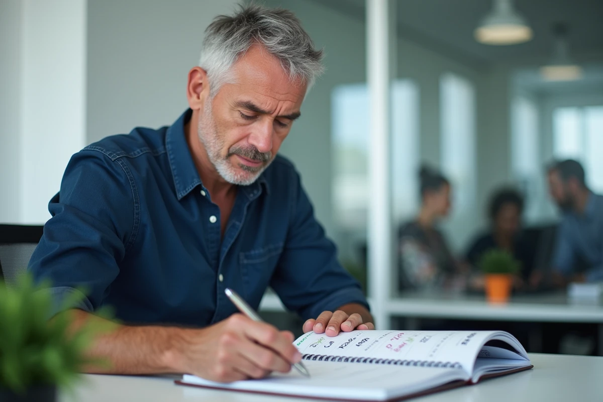 Homme en bureau consultant un agenda avec numéros de semaines pour planifier ses rendez-vous