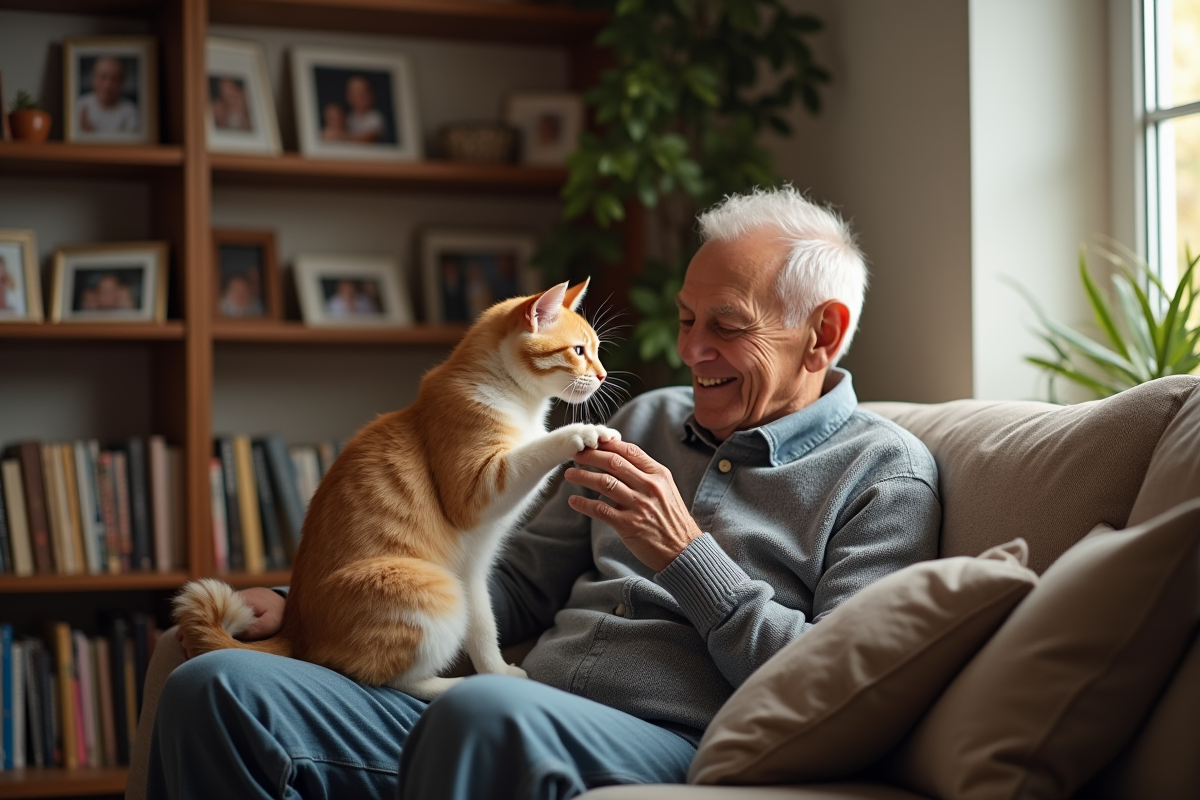Homme agee nourrissant un chat dans une pièce lumineuse