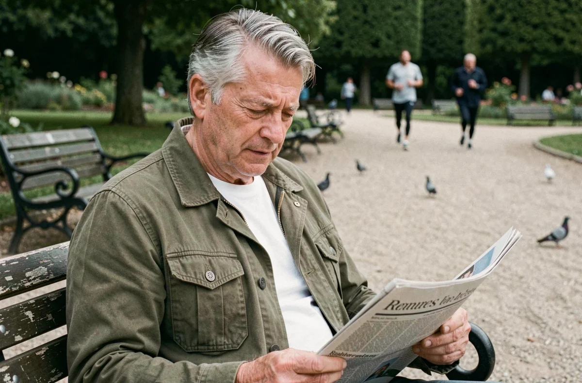 Portrait candide d'un homme mature lisant un journal sur un banc de parc à Paris, symbole d'une vie ordinaire et discrète loin de la célébrité