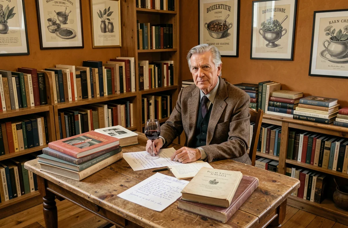 Homme distingué entouré de livres de cuisine et de notes manuscrites dans un bureau chaleureux, symbolisant une passion culinaire et littéraire transmise