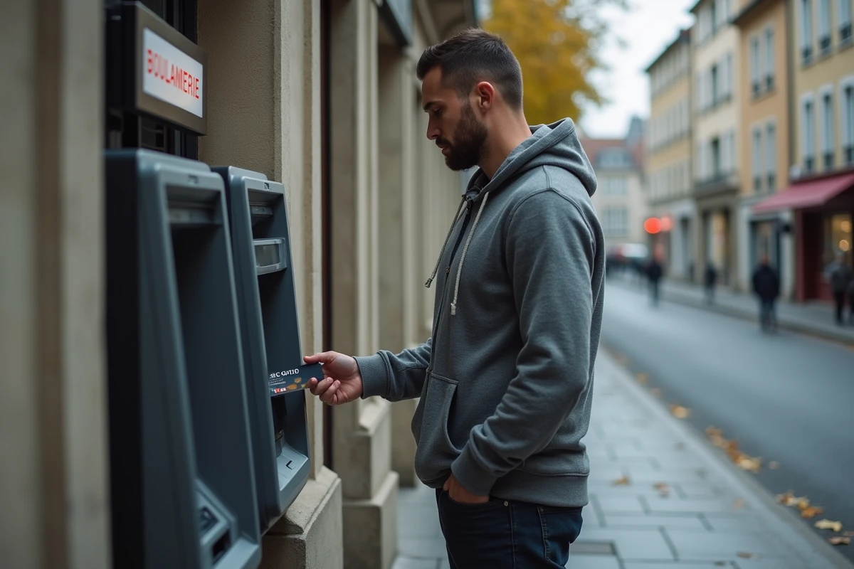 Homme retirant de l'argent à un distributeur après le versement mensuel du RSA