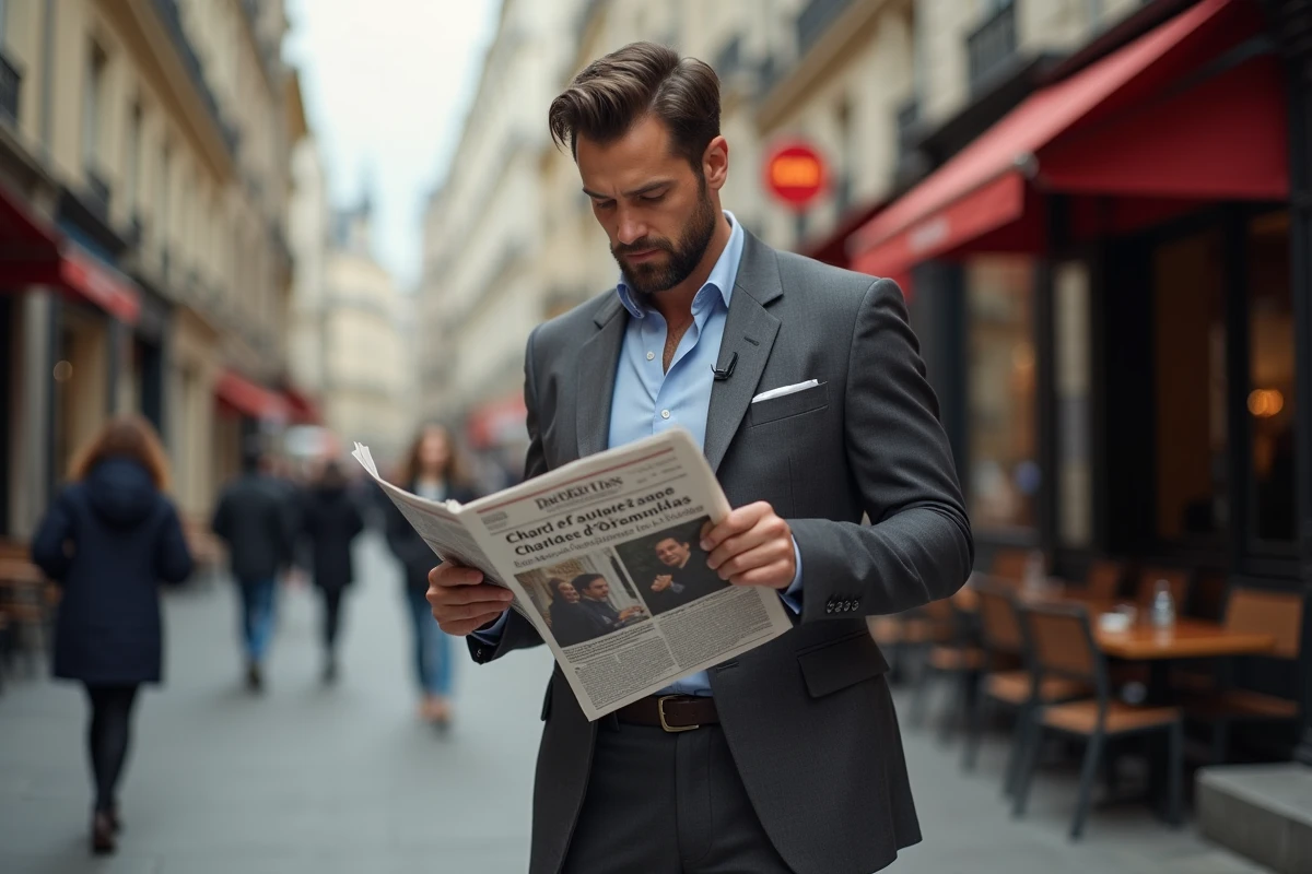 Homme en costume lisant un journal dans la rue parisienne