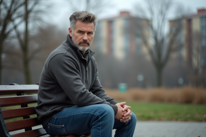 Homme d'âge moyen assis seul sur un banc de parc en réflexion