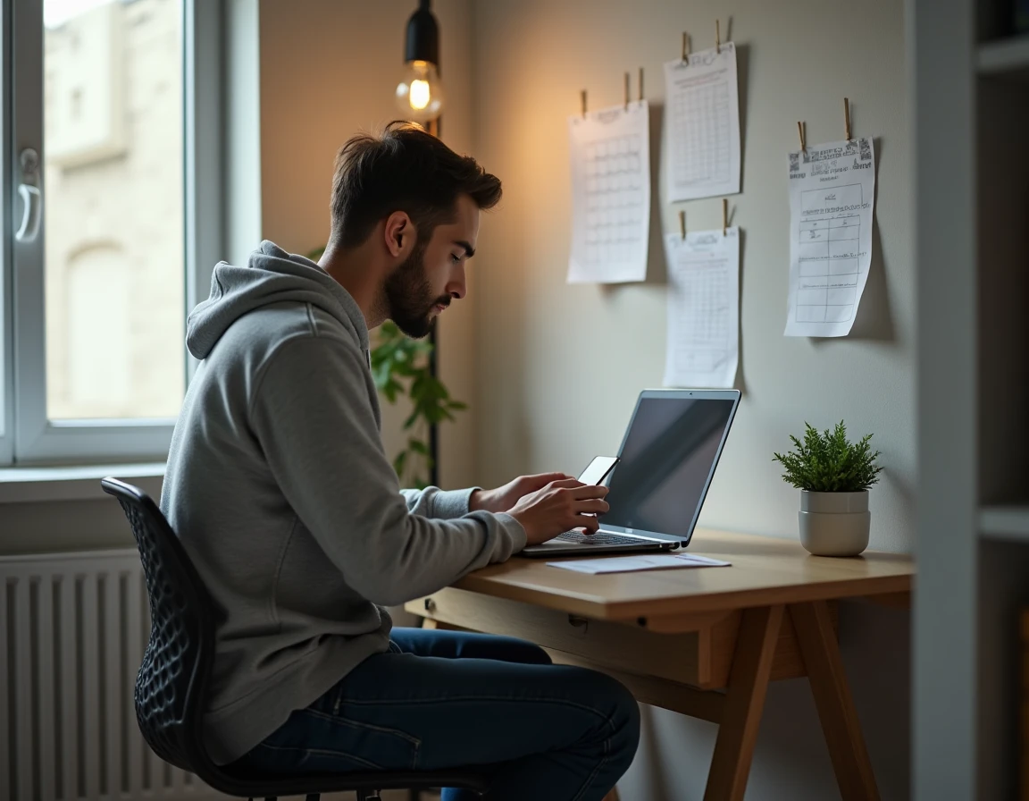 Homme planifiant son budget RSA avec un calendrier et un ordinateur portable dans un appartement modeste