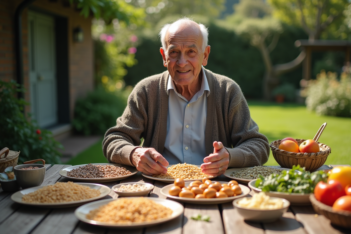 Homme âgé disposant des plats de légumes dans un jardin