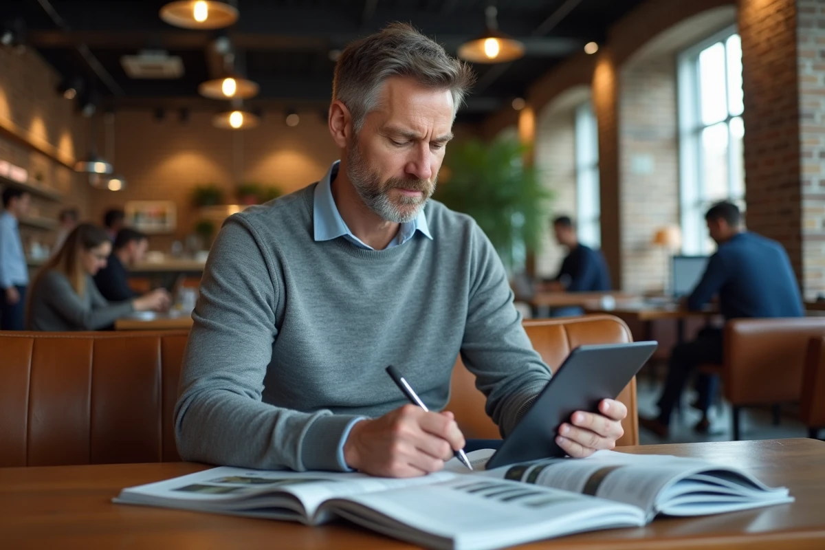 Professionnel masculin comparant des magazines d'affaires dans un espace de co-working