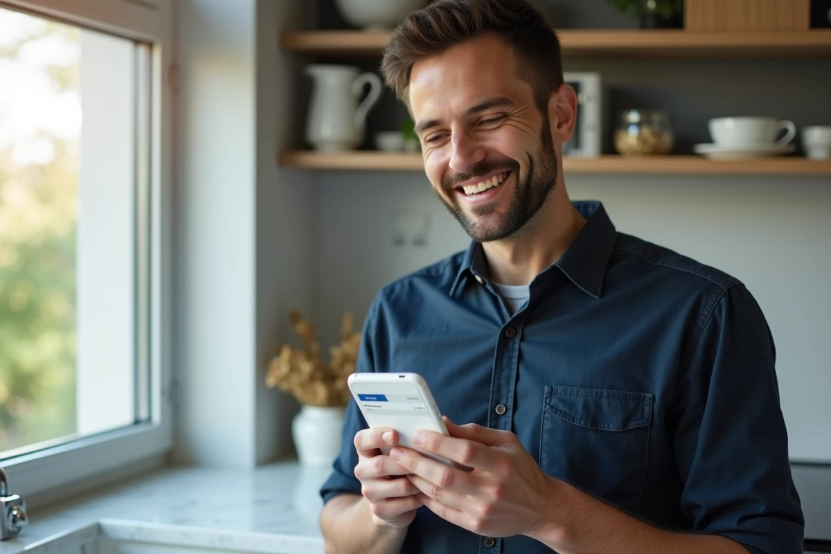 Homme utilisant son smartphone pour accéder à son espace client Orchestra et consulter ses commandes