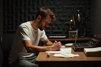 Homme introspectif seul dans un studio d'enregistrement regardant des paroles manuscrites, évoquant l'influence de la vie amoureuse sur la créativité musicale