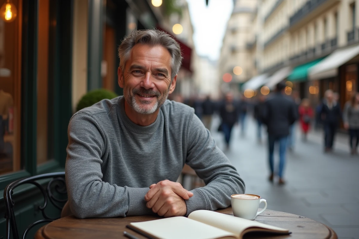 Homme élégant assis en terrasse de café parisien avec carnet et espresso, portrait lifestyle authentique et décontracté