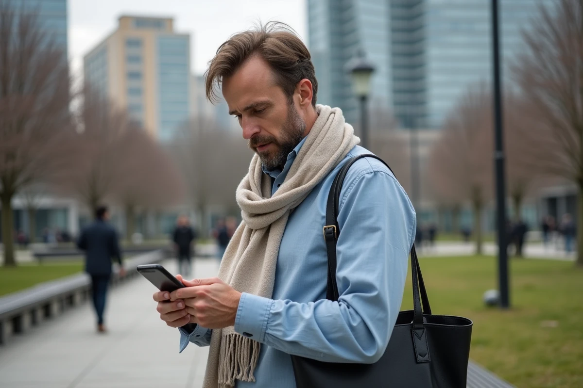 Homme regardant son téléphone dans un parc urbain en hiver