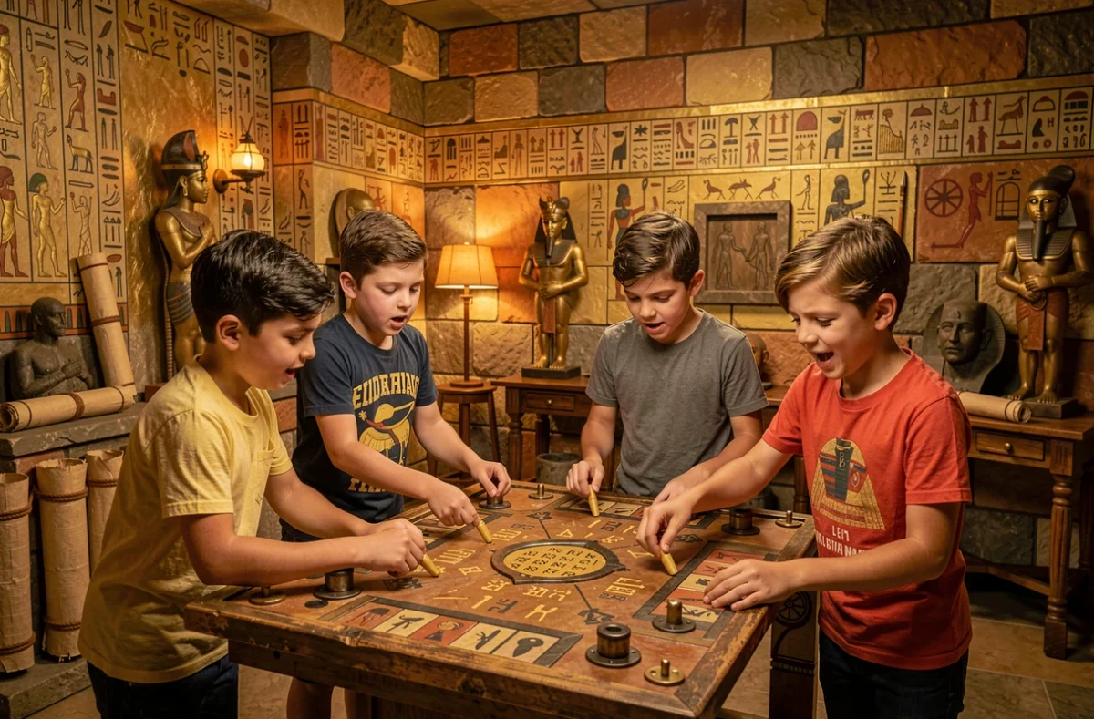 Enfants résolvent des énigmes dans l'escape game immersif à thème égyptien L'Horizon de Khéops à Lyon