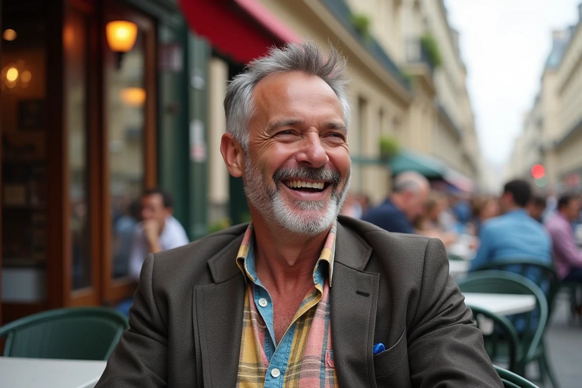 Portrait d'un humoriste français souriant en terrasse de café parisien, illustrant l'univers de Jarry et sa vie personnelle