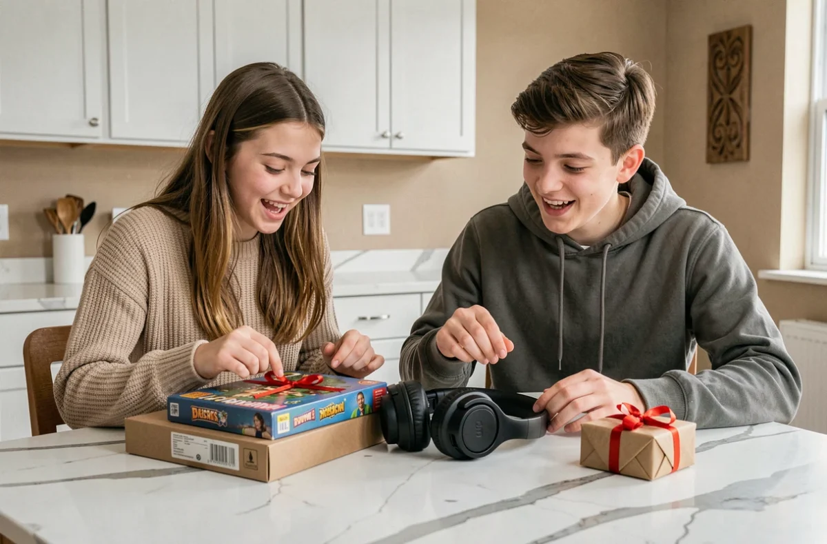 Deux adolescents découvrant des idées cadeaux variées sur une table de cuisine, guide cadeau pour ado