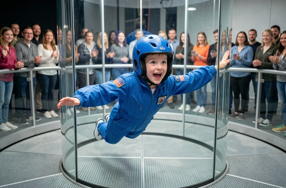 Enfant en combinaison bleue en simulation de chute libre dans la soufflerie iFLY Lyon à Saint-Priest