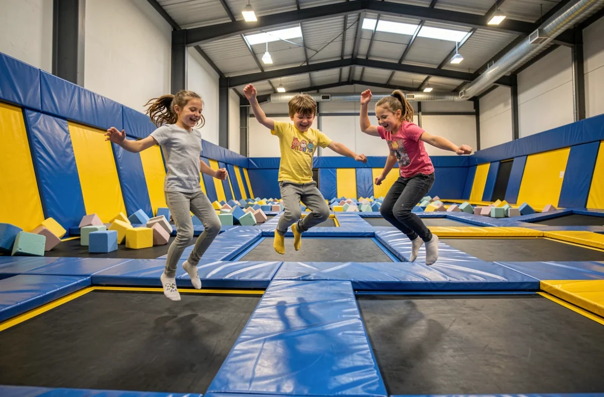 Enfants qui sautent sur les trampolines du parc Indoor45 à Rillieux-la-Pape