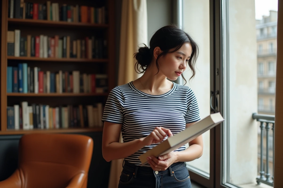 Femme pensive dans un appartement parisien tenant un livre, évoquant la vie intime et personnelle d'une personnalité publique loin des caméras