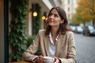 Femme élégante dans la trentaine assise à une terrasse parisienne, représentant une personnalité publique dans sa vie quotidienne loin des projecteurs