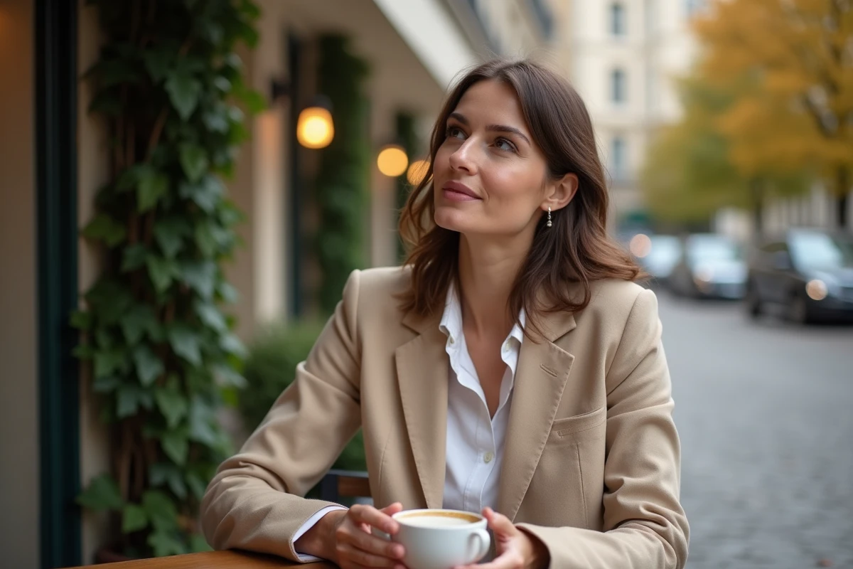 Femme élégante dans la trentaine assise à une terrasse parisienne, représentant une personnalité publique dans sa vie quotidienne loin des projecteurs