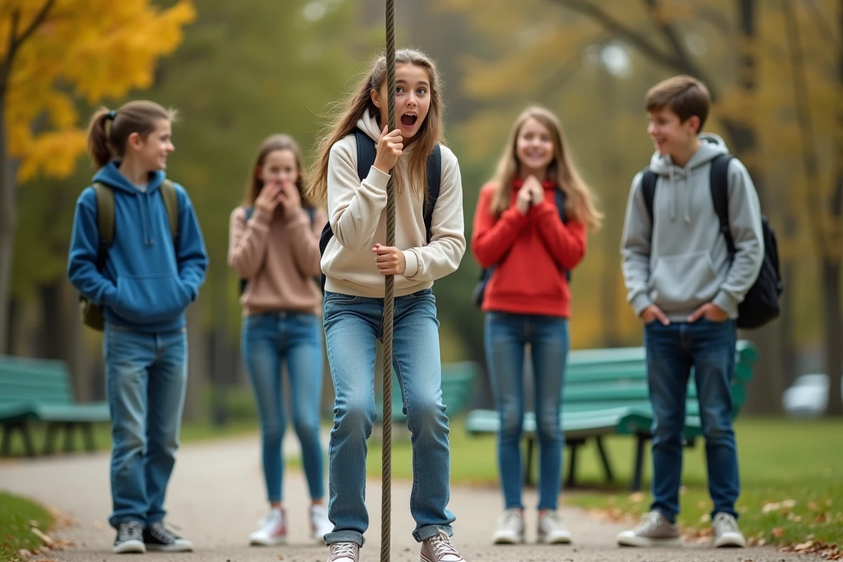 Groupe d'adolescents jouant au jeu de mimes en plein air dans un parc, ambiance spontanée et décontractée