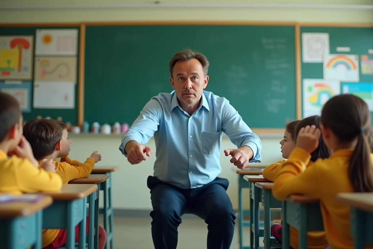 Enseignant mimant une action devant sa classe d'élèves attentifs lors d'une activité de mimes sans matériel