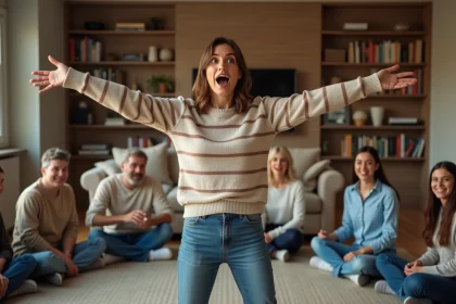 Femme jouant au jeu de mimes avec sa famille dans un salon chaleureux, expression exagérée et public qui rit