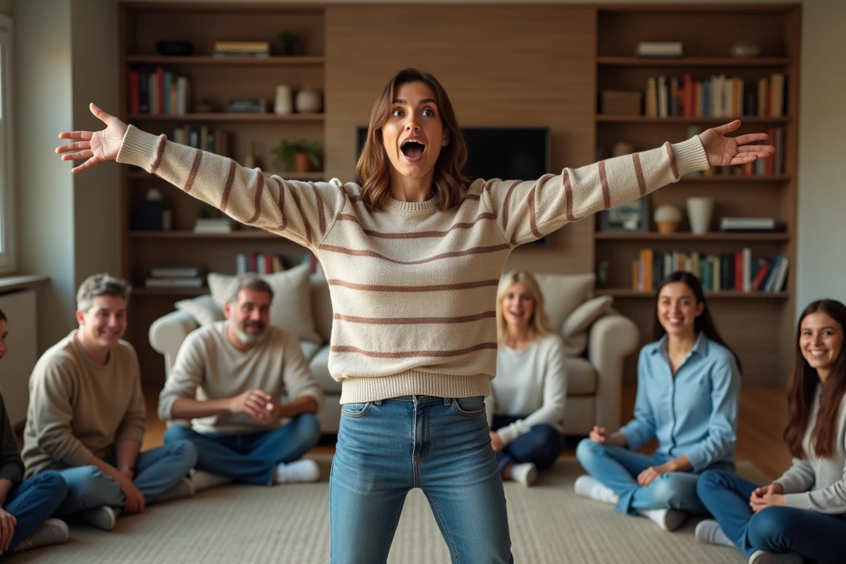 Femme jouant au jeu de mimes avec sa famille dans un salon chaleureux, expression exagérée et public qui rit