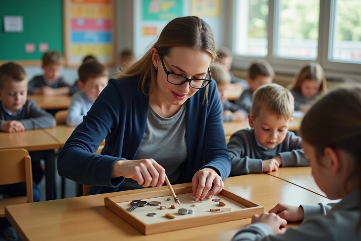 Enseignante organisant des objets sur un bureau pour un jeu Kim de mémorisation avec des élèves en classe primaire