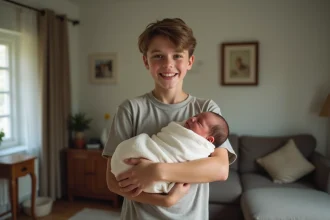 Jeune garçon tenant un bébé dans ses bras dans un salon