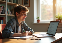 Jeune étudiant souriant à son bureau ensoleille