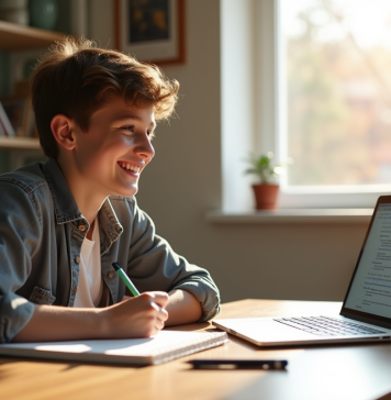 Jeune étudiant souriant à son bureau ensoleille