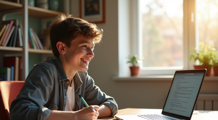 Jeune étudiant souriant à son bureau ensoleille