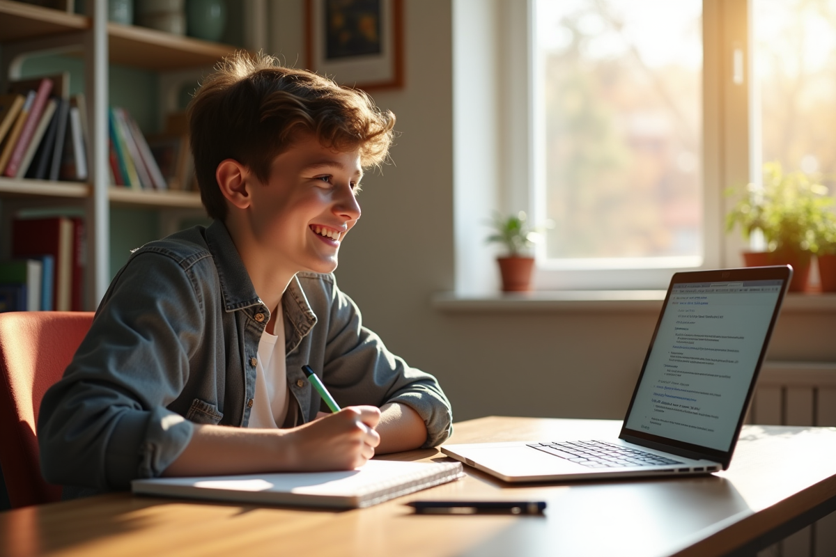 Jeune étudiant souriant à son bureau ensoleille